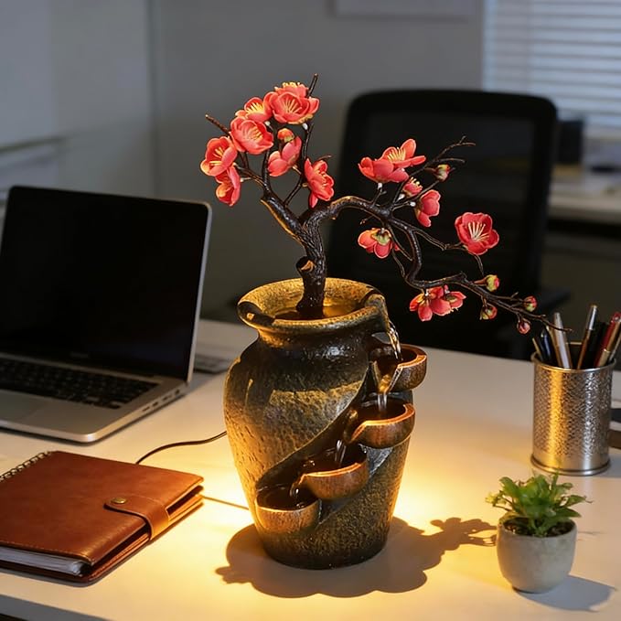 16" Flower Ornament Vase Decorative Bonsai Mini Tabletop Waterfall Fountain Indoor with Water Flow & Artificial Bouquet, Desktop Water Fountains Restaurant Coffee Home Decor or Festival Birthday Gift by kunghei