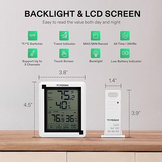 VIVOSUN Indoor Outdoor Thermometer Wireless Digital Hygrometer Temperature and Humidity Monitor with Touchscreen LCD Backlight, 200ft/60m Range, Battery Included - Image 7