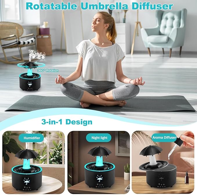 Humidifier for Bedroom, Rotating Umbrella Diffuser with Rain Drop Effect 7-Color LED, 300ML Small Humidifiers Aroma Diffuser with Remote & Timer, Funny Rain Humidifier Gift for Kid Teen Women (Black) - Image 3