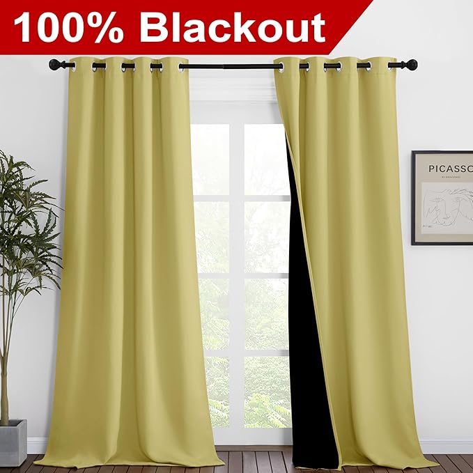 NICETOWN 100% Blackout Blinds, Set of 2, 46 inches x 102 inches, Laundry Room Decor Window Treatment Curtains for Large Patio Sliding Door, Thermal Insulated Paler Yellow Curtains for Bedroom - Image 2