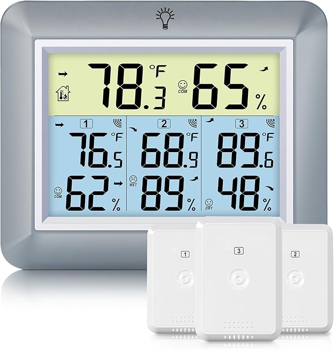 Urageuxy Weather Station Wireless Indoor Outdoor Thermometer with 3 Sensors, Remote Temperature Monitor with Humidity for Home, Baby Nursery, Room, Attic, Patio, Grey by Urageuxy