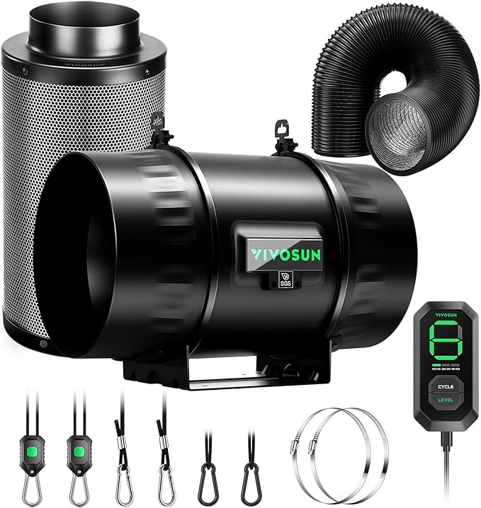 VIVOSUN Smart Air Filtration T8 Kit 8", AeroZesh T8 Inline Duct Fan with E12 Speed Controller, Carbon Filter & 25' Ducting, Cooling & Ventilation System for Grow Tents, Indoor Gardening, Hydroponics by VIVOSUN