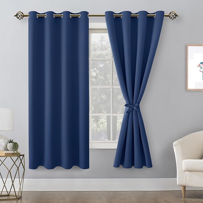 Hiasan Blackout Curtains for Bedroom, 52 x 63 Inches Length - Thermal Insulated & Energy Saving Window Curtains for Living Room, 2 Drape Panels Sewn with Tiebacks, Navy - Image 2