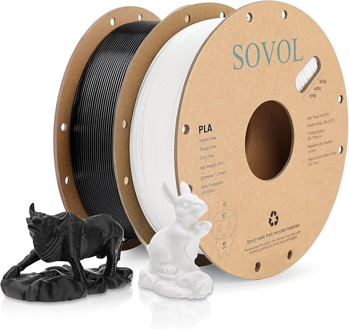 Sovol PLA 3D Printer Filament 2kg (4.4 lbs) Spool Printing Materials, Wiring Tightness, Dimensional Accuracy +/- 0.03 mm, 1.75 mm, Black+White by Sovol