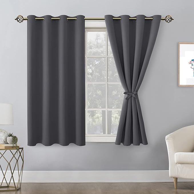 Hiasan Grommet Blackout Curtains for Bedroom, 52 x 54 Inches Long - Thermal Insulated & Light Blocking Window Curtains for Living Room, 2 Drape Panels Sewn with Tiebacks, Dark Grey - Image 2