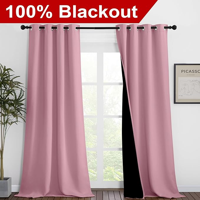 NICETOWN 100% Blackout Blinds, Set of 2, 46 inches x 96 inches, Laundry Room Decor Window Treatment Curtains for Large Patio Sliding Door, Thermal Insulated Crystal Pink Curtains for Bedroom - Image 2