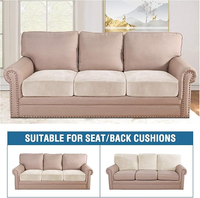 H.VERSAILTEX Velvet Stretch Couch Cushion Cover Plush Cushion Slipcover for Chair Loveseat Sofa Cushion Furniture Protector Seat Cushion Sofa Cover (3 Piece XL Sofa Cushion Covers, Ivory) - Image 3