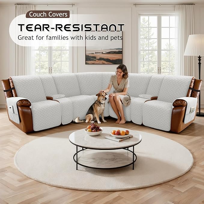 Arfntevss Waterproof Recliner Sectional Couch Covers for Reclining L Shape Sofa Cover Non Slip Washable L Shaped Slipcover Sets for Dog Furniture Protector (5 Seat with 2 Console Cover, Pale Gray) - Image 7