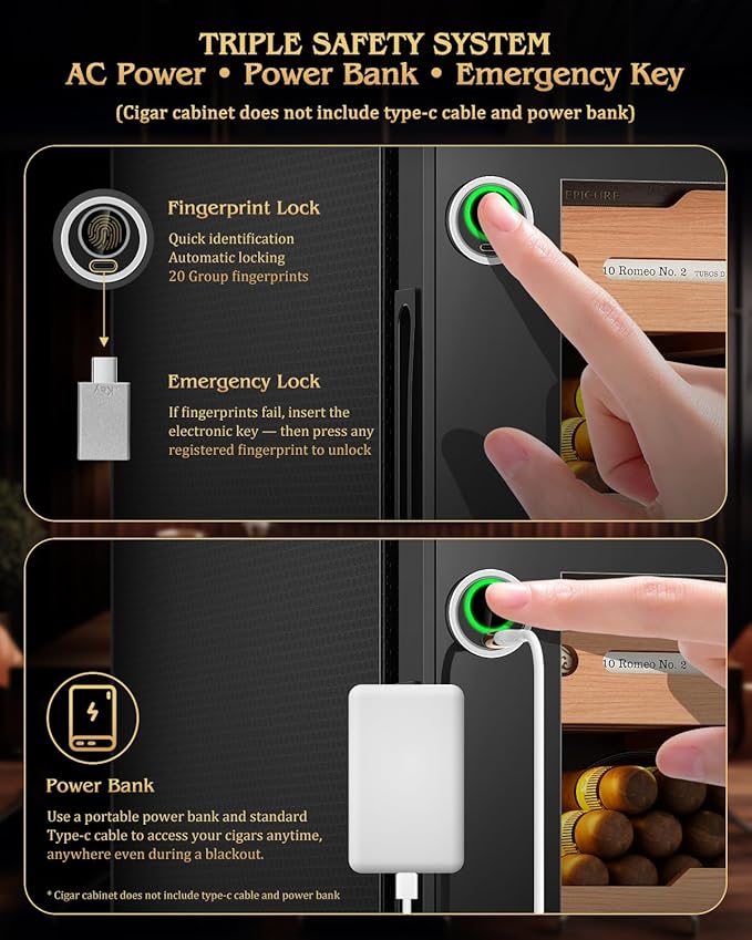 Electric Cigar Humidor Cabinet with Temperature & Humidity Control System, 50L Cooling Cigar Fridge up to 300 Counts, Cedar Wood Shelves,Digital LED Screen,Fingerprint Safety Lock,Gift for Men - Image 4