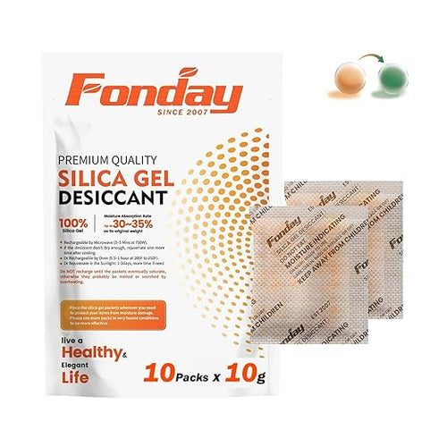 10g x 10 packs Fonday Rechargeable Silica Gel Desiccant Packets Food Grade Fast Reactivate Desiccant Bags Moisture Indicating Orange to Green by Fonday