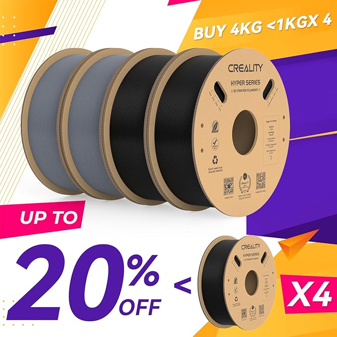 Creality Hyper PLA Filament 1.75mm, 30-600mm/s High Speed 3D Printer Filament, Dimensional Accuracy +/-0.02mm, Fit Most FDM 3D Printers, 4 Pack 1kg Spool(2.2lbs), Black & Grey - Image 2