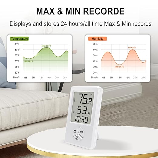 Urageuxy Digital Hygrometer Indoor Thermometer with Min Max Records, Humidity Gauge with Clock for Room, Home, Bedroom, Office, Greenhouse, Cellar - Image 5