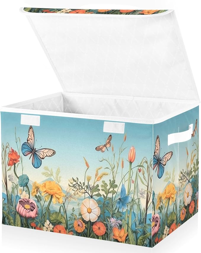 xigua Colorful Flower Pattern Storage Bins with Lids and Carrying Handle,Foldable Storage Boxes Organizer Containers Baskets Cube with Cover for Home Bedroom Closet Office - Image 2