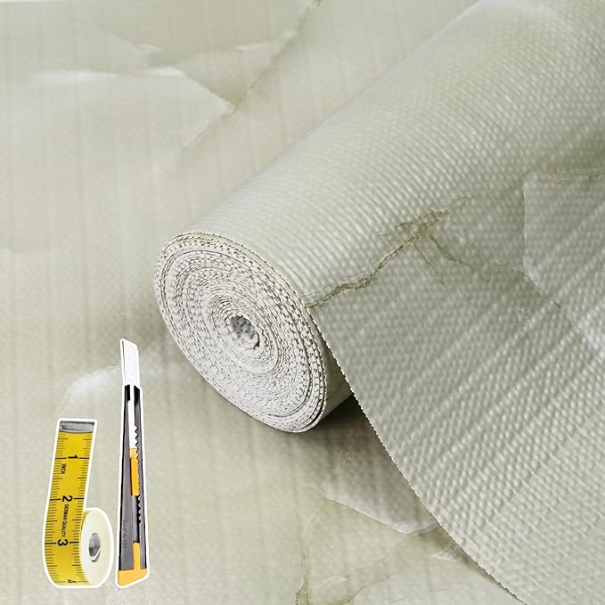 2-Layer Drawer and Shelf Liner for Kitchen Cabinet: 17.3in X 20Ft Non Slip Waterproof Shelf Paper Non Adhesive Refrigerator Liners Cyan Marble Easy Liners for Bathroom with Knife Tape Measure by Kimhan
