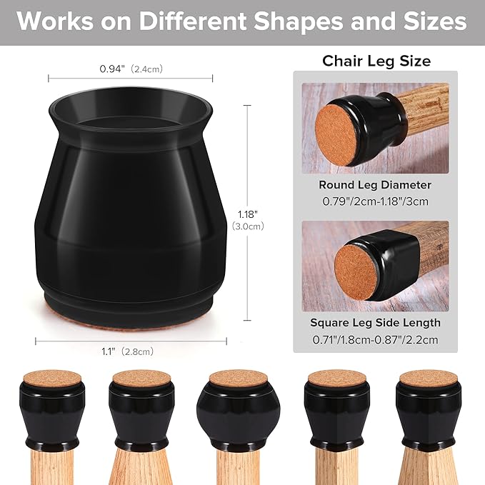 24PCS Upgraded Silicone Chair Leg Floor Protectors for Hardwood Floors, Furniture Sliders for Chair Legs, Felt Bottom Furniture Pads, Anti-Slip Round&Square Cap Covers to Scratch and Reduce Noise - Image 2