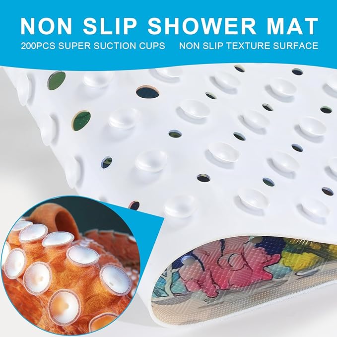 XIYUNTE Baby Bath Mat for Tub Non Slip Kids Bath Mat - 40''x16'' Extra Long Cartoon Turtle Baby Bath Tub Mat Eco-Friendly Toddler Bath Mats with Suction Cups & Drain Holes, Easy to Clean & Easy Drying - Image 3