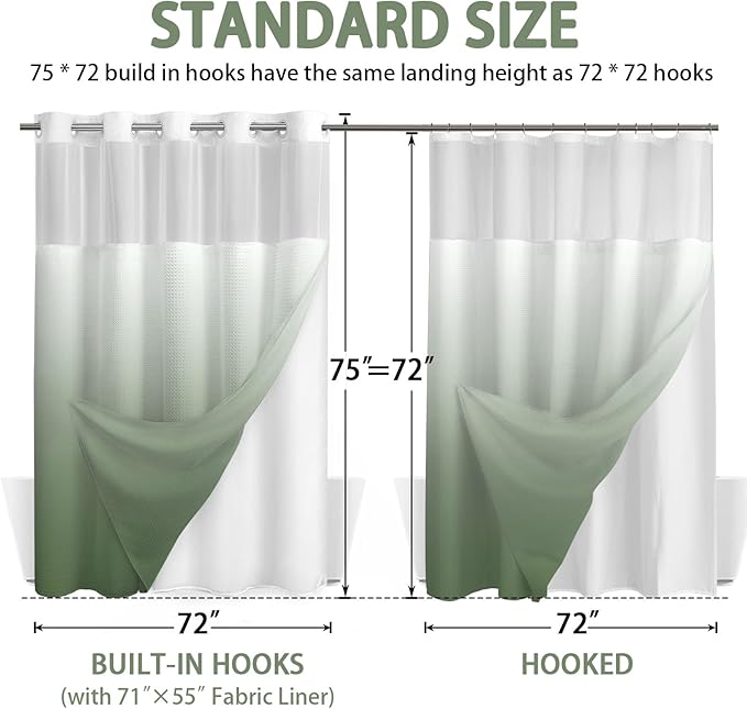 No Hook Shower Curtain and Liner Set,Ombre Green Hotel Waffle Shower Curtain with Liner 75" L x 72" W - Image 6