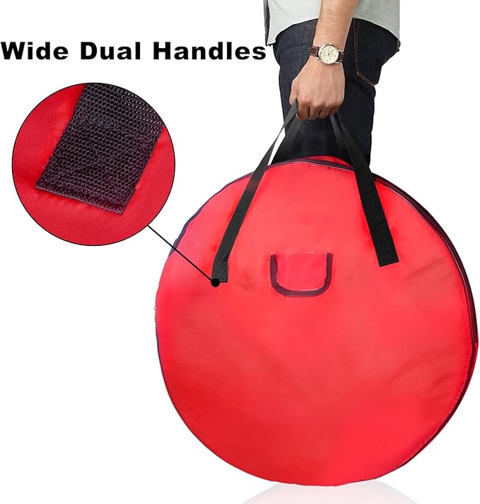 TQS 25" Christmas Wreath Storage Bag - Heavy Duty Reinforced Wide Handle and Double Sleek Zipper - Protect Your Christmas Garland Party Decorations - Red - Image 4