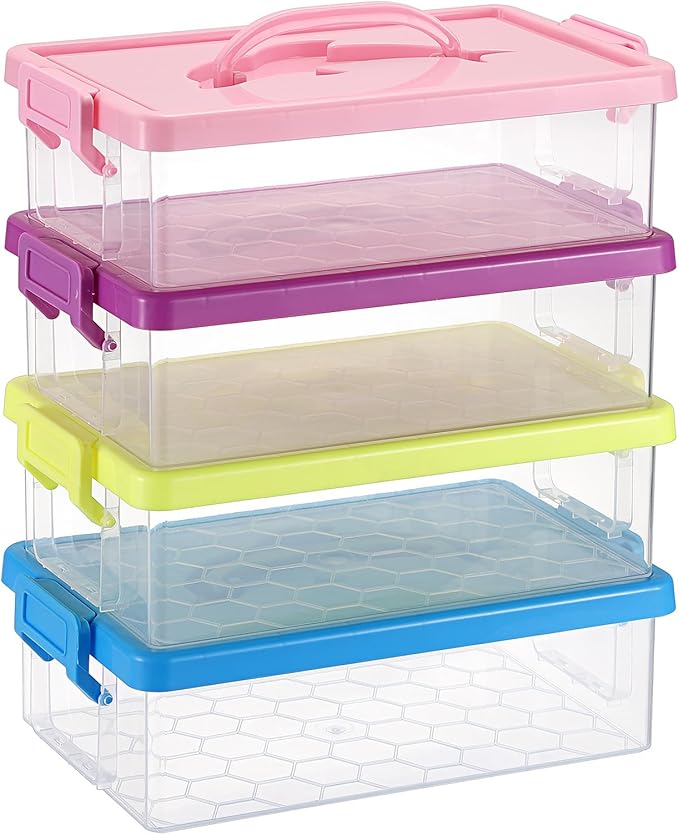 BTSKY 4-Pack Clear Plastic Storage Box with Lid, Stackable Organizer Featuring Easy-Lift Dolphin Design Multi-Use Portable Small Container for Home Craft Office Space-Saving with Secure-Clasp,4 Colors by BTSKY