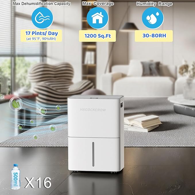 Dehumidifier for Basement Home 1200 Sq. ft, 17 Pints Dehumidifiers with Drain Hose for Bedroom Bathroom Large Room RV, 3 Working Modes, Intelligent Humidity Control, 24H Timer, Auto Defrost - Image 2
