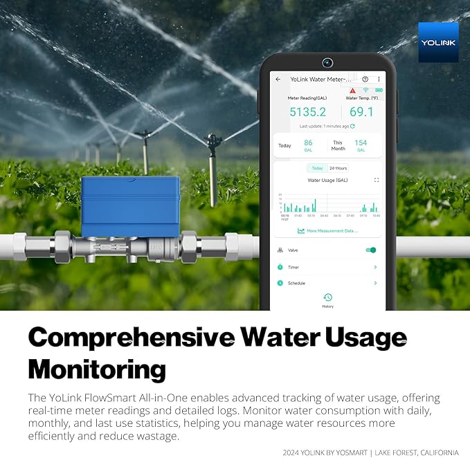 NSF Certified YoLink FlowSmart All-in-One Smart Water Meter & Auto Shutoff for 1'' Pipes, LoRa Long-Range, Real-Time Leak Detection, 10-Year Battery, 80+ Device Ecosystem, Hub Required – YS5018 - Image 2