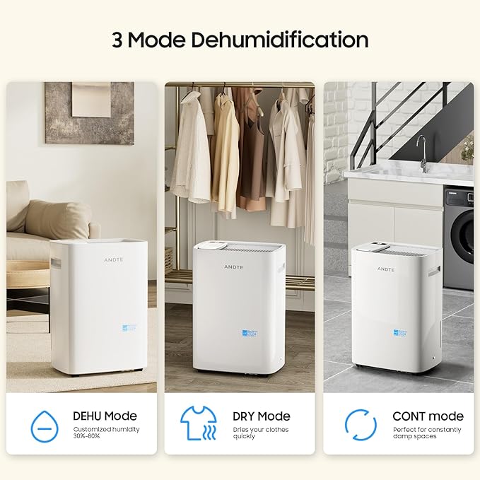 4500 Sq.Ft Energy Star Dehumidifier for Basement, ANDTE 52 Pints Home Dehumidifiers with Drain Hose & Tank for Large Room,Bathroom, Smart Humidity Control, Touch Control Panel, Auto Defrost - Image 3
