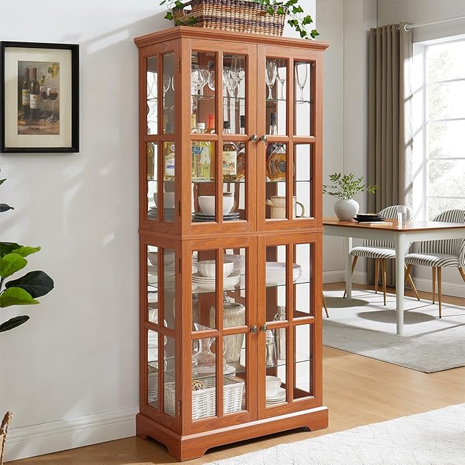 Lighted Glass Curio Cabinet with Lights & Adjustable Shelves,Curio Display Cabinet with Wood Frame & Glass Door,Corner Antique Display Case for Kitchen,Living Room,Office - Image 5