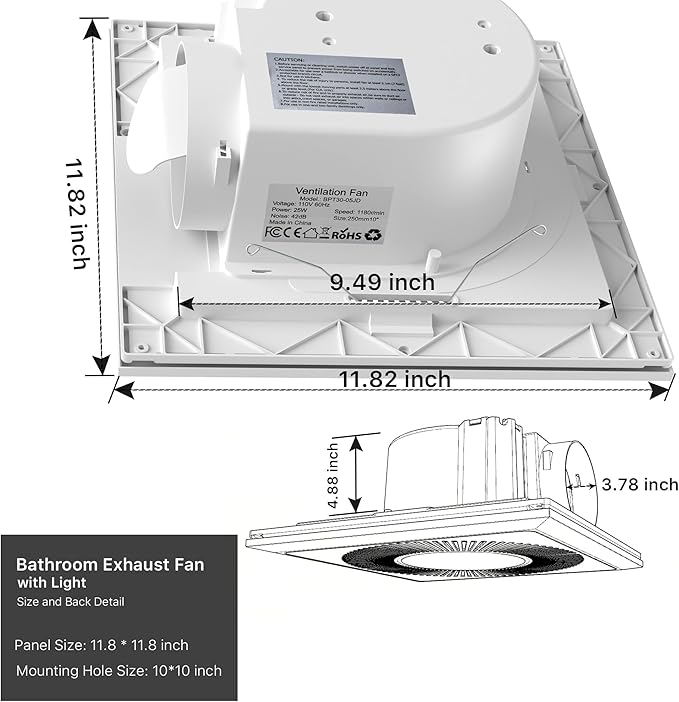 Bathroom Exhaust Fan with Light: 165CFM Shower Bathroom Vent Fan with 11.8IN 15w Led Light Combo Quiet 1.2 Sones Bath Ceiling vent with Adjustable Led Light 3000k/4000k/6500k For Home Bath - Image 6
