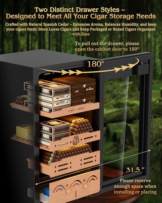 Electric Cigar Humidor Cabinet up to 600 Cigars, Temperature & Humidity Control System-75L Cooling Fridge with Cedar Wood Shelves Digital LED Screen Fingerprint Safety Lock Home & Commercial Use - Image 6