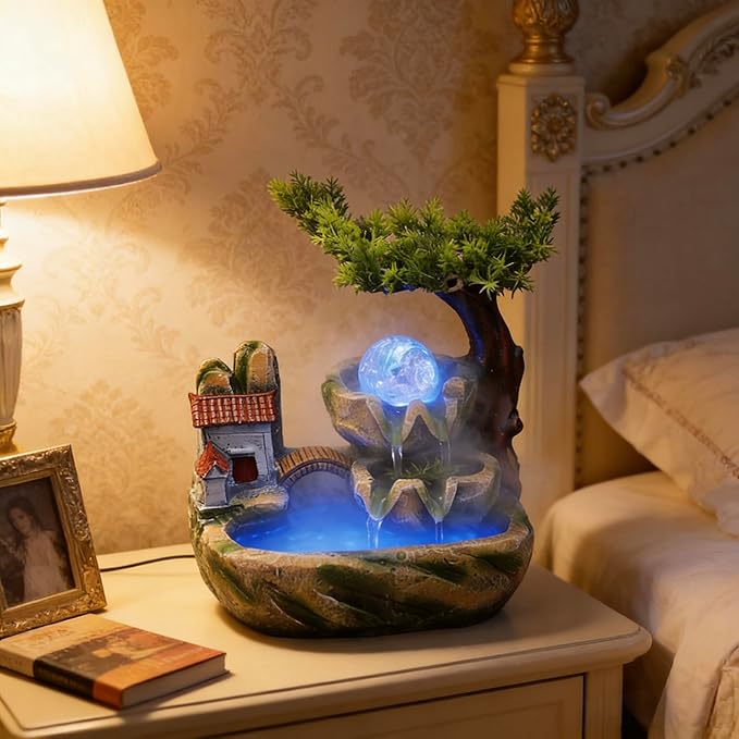 Small Bonsai Humidifier Mini Tabletop Waterfall Fountain with LED Color Night Light and Atomizer, Desktop Water Fountains Indoor Home Decor or Festival Birthday Gift for Girls Boys, 10 Inch - Image 4
