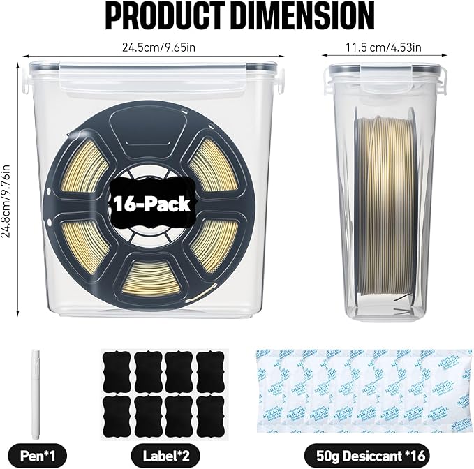 16 Pack 3D Printer Filament Storage Box - Portable Sealed Filament Container 4.0 L Water-Proof & Dust-Proof with Desiccant, Tag, Pen for Studio Office Workshop Home, Only Case Set - Image 2