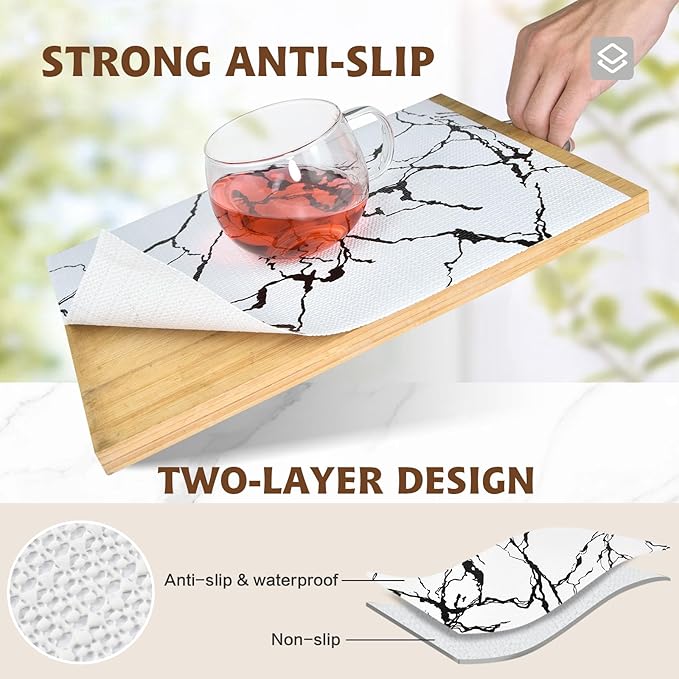 2-Layer Drawer and Shelf Liner for Kitchen Cabinet: 12 in X 20 Ft Non Slip Waterproof Shelf Paper Non Adhesive Refrigerator Liners White/Black Marble Easy Liners for Bathroom with Knife Tape Measure - Image 2