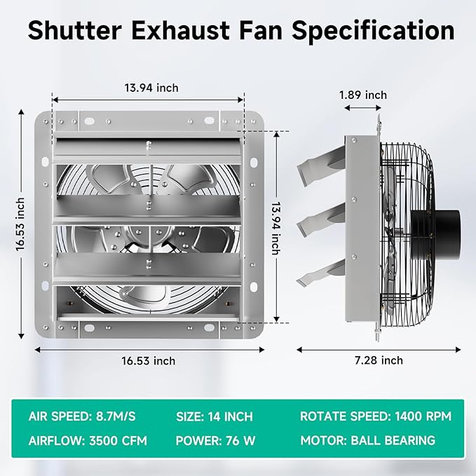 14 Inch Shutter Exhaust Fan，Automatic Shutter with ON/OFF Switch, 1946 CFM High-Speed Vent Fan, 1400 RPM Wall Mounted Attic Fan for Shed, Garage, Greenhouse Ventilation - Image 3