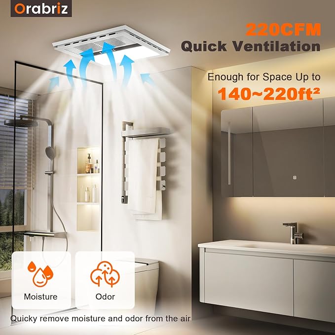 4-in-1 Bathroom Exhaust Fan with Heater, 1100W/2200W Dual Heating, 220 CFM Ventilation, 6000K 1800LM LED Light, Quiet Bath Fan with Light and Heat, Ceiling Mount, Plug-In or Hardwired - Image 4