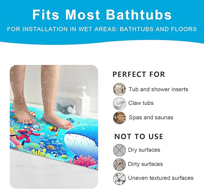 XIYUNTE Baby Bath Mat for Tub Non Slip Kids Bath Mat - 40''x16'' Extra Long Cartoon Bathtub Mat Non Slip Kids Shower Mat Eco-Friendly Toddler Bath Mats with Suction Cups, Machine Washable - Image 6