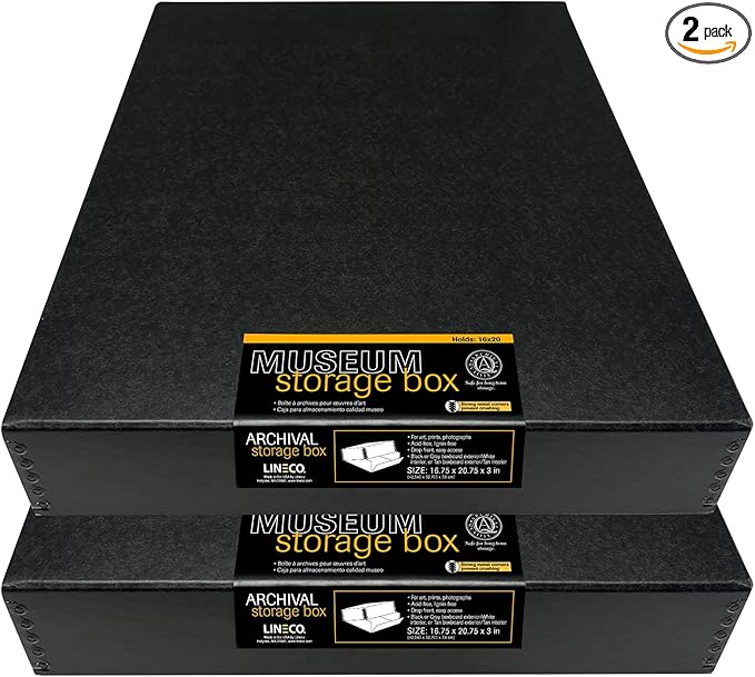 Lineco Museum Archival Storage Box, 16.75x20.75x3 in. Drop Front Design. Acid-Free with Metal Edge. Organize Photos, Pictures, Prints, Documents, Crafts, DIY. Black, 2 Pack by Lineco