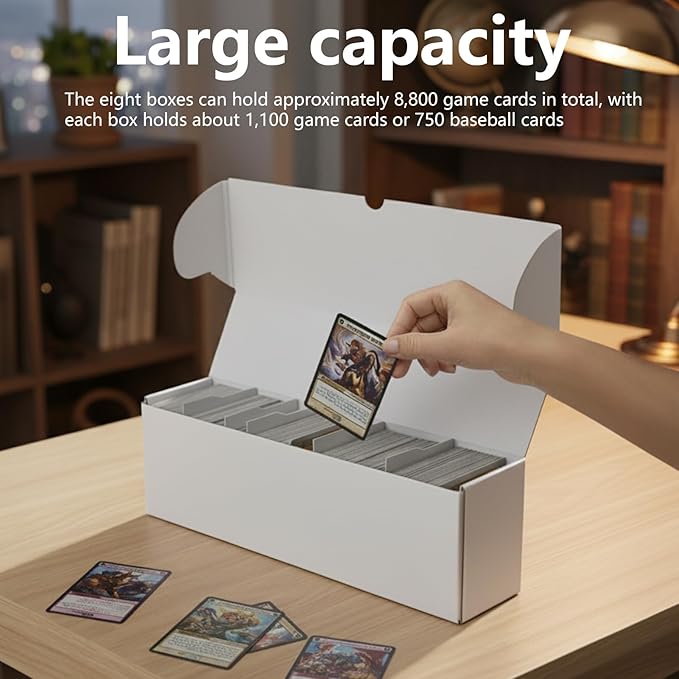 RLAVBL 8-Pack 1100 Count Trading Card Storage Box with 32 Dividers, 15 inch 8800+ Card Box for MTG, TCG, Toploaders, and Sports Cards Organizer - Image 4