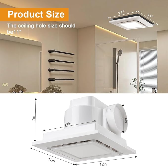 Bathroom Exhaust Fan with Light Ultra Quiet Ventilation Fan Combo 1.0 Sone 145CFM (12" Panel 11"x11" Mount) - Image 2