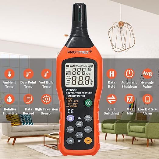 Protmex Digital Temperature Humidity Meter, Thermometer Hygrometer with Ambient Dew Point and Wet Bulb Temperature Indoor and Outdoor, Data Logger with Min/Max Hold, LCD Backlight, PT6508 - Image 5