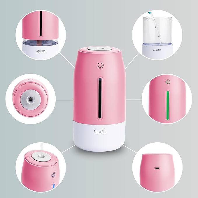 Aqua Glo Personal, Portable Humidifiers for Bedroom – Ultrasonic Cool Mist Humidifier with Built In Rechargeable Battery. Air Humidifier for Baby, Plants, Home, Office, Travel. Rose Quartz - Image 6