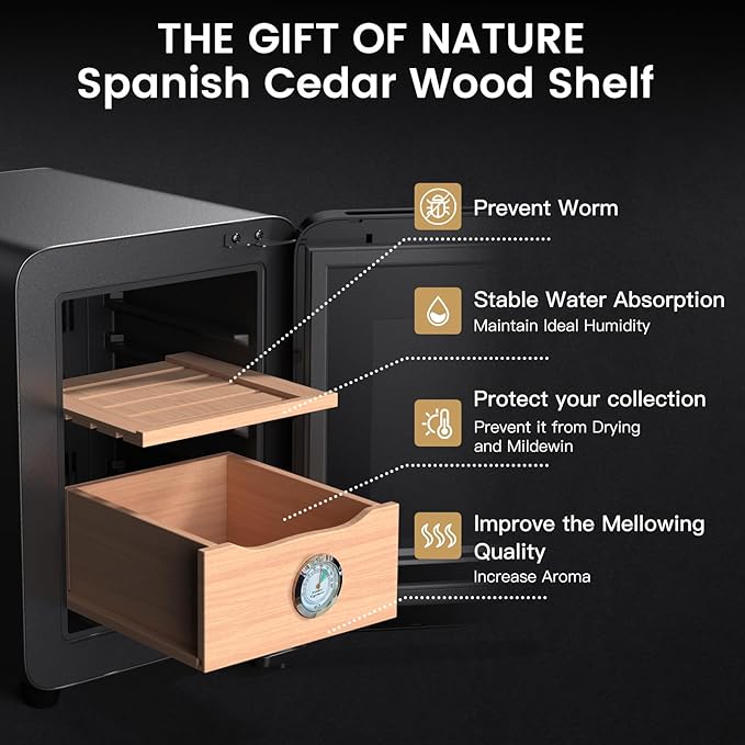KingChii 8L Electric Cigar Humidors with Temperature Control System, Cigar Cabinet with Spanish Cedar Wood Shelves & Hygrometer, Father's Day Gift for Men (2 Layers 80 Capacity) - Image 4