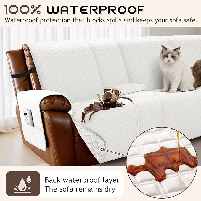 Arfntevss Waterproof Recliner Sectional Couch Covers for Reclining L Shape Sofa Cover Non Slip Washable L Shaped Slipcover Sets for Dog Furniture Protector (5 Seat with 1 Console Cover, Cream White) - Image 2