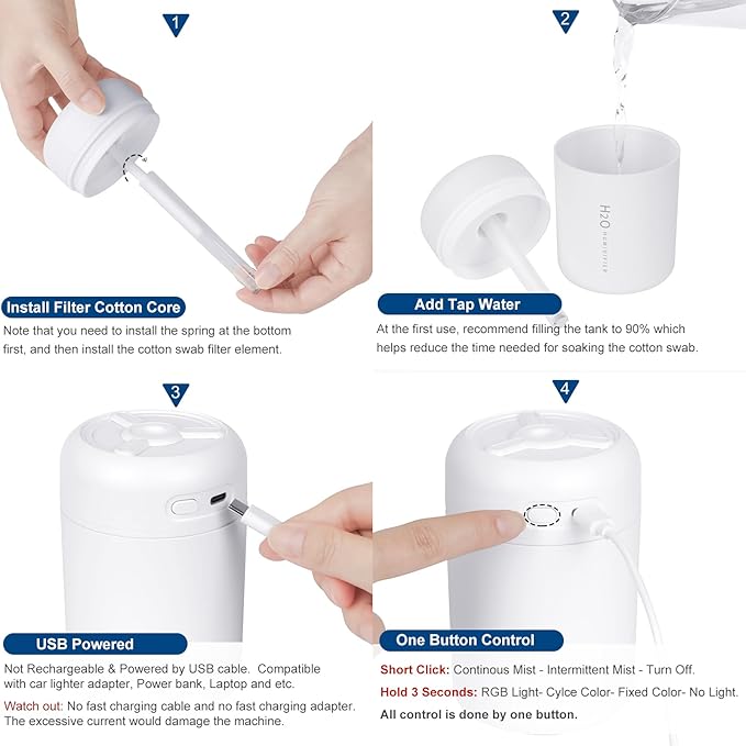 Portable Mini Humidifier, 300ml USB Cool Mist Small Humidifier with Colorful Lights. Perfect for Bedroom, Office, Plants, travel & Car (White) - Image 9