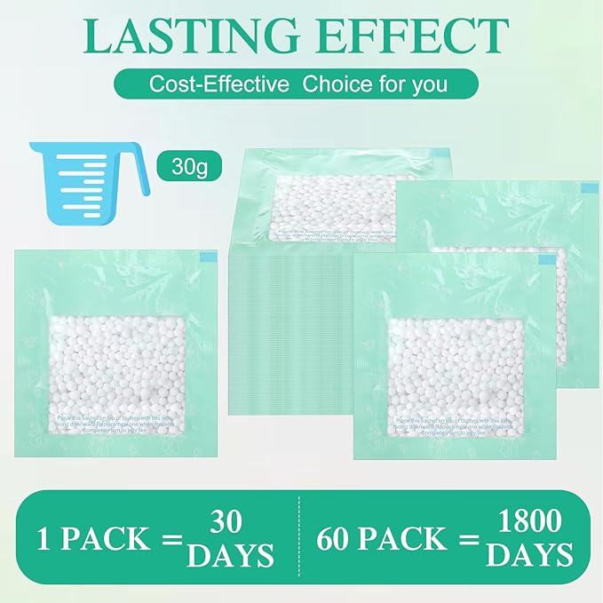 60 Pack Moisture Absorbers Dehumidifier Bags for Closet with 10 Pcs Hanging Hooks Clips Humidity Absorbers Deodorizer Unscented Humidity Absorber in Wardrobes for Bedroom Bathroom Kitchen - Image 4