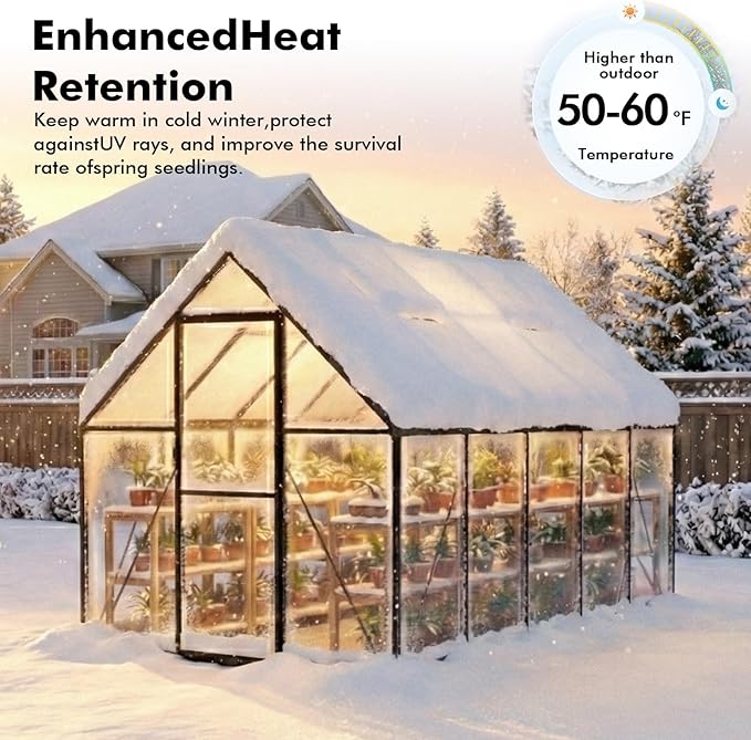 6×10FT Greenhouse for Outdoors, Walk-in Greenhouse and Winter Garden Planting, Polycarbonate Greenhouse with Electronic Thermometers, Withstands Strong Wind or Snow to Protect Vegetable or Plants - Image 4