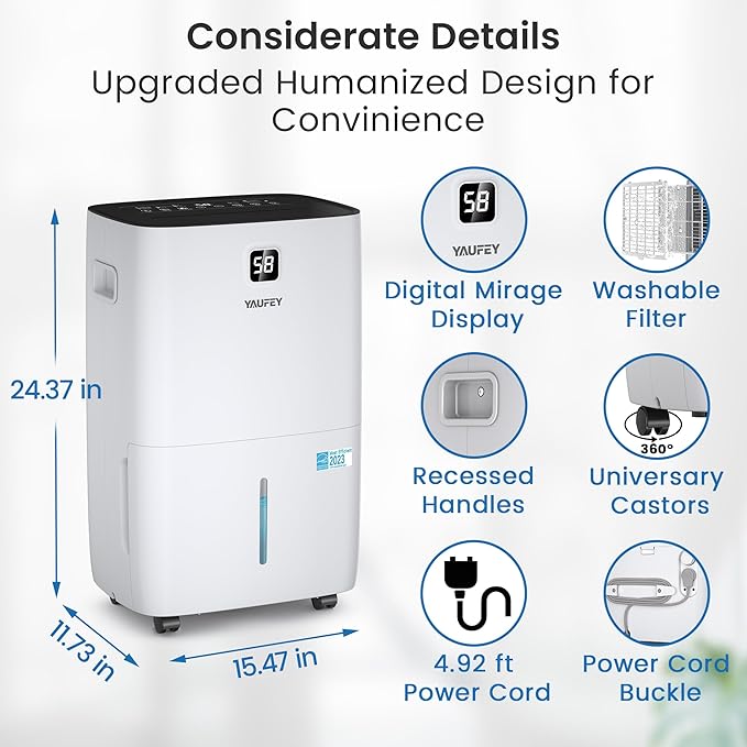 Yaufey 150 Pints Energy Star Dehumidifier with Pump for Home, Basement and Large Room up to 7500 Sq. Ft., With Drain Hose, Timer, Intelligent Humidity Control and Large Water Tank - Image 8