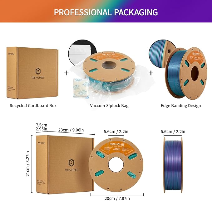 ERYONE Silk Tri Color PLA Filament 3D Printer 1.75mm +/- 0.03mm, Multicolor Filament Tricolor PLA 1KG(2.2lbs) Cardboard Spool, Purple&Blue Purple&Burnt Orange - Image 6