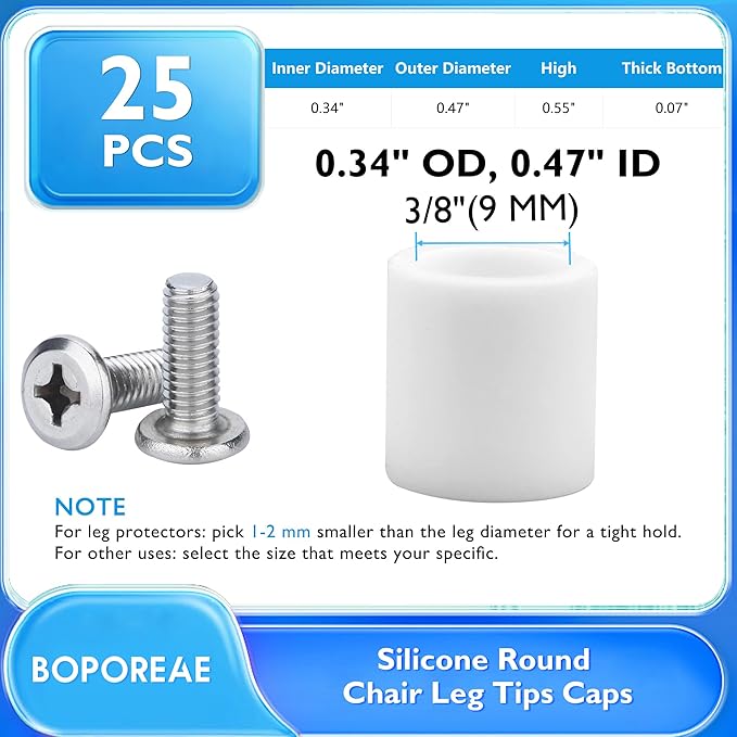 25 Pcs 3/8"(9 mm) Round Chair Leg Tips Caps, Silicone Rubber Furniture Leg Floor Protectors, Reduce Noise Folding Metal Chair Leg Cap Replacement for Bar Stool Leg Patio Indoor, White - Image 9