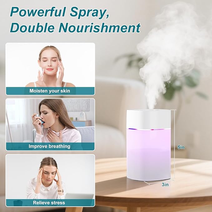 Small Humidifier for Plant, Cool Mist Mini Humidifiers for Bedroom, Desk Personal Humidifiers for Indoor Office Car, Portable Humidifier for Travel -White 400ml - Image 3