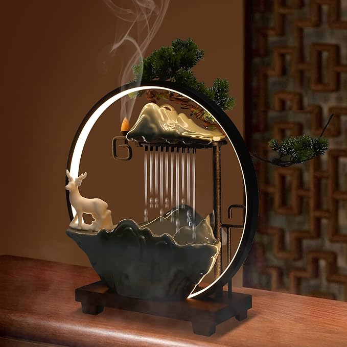 15In Water Fountains Indoor Tabletop Waterfall Humidifier with LED Light and Atomizer Mist, Japanese Zen Decor Meditation Fake Plants Bonsai Feng Shui Decor Festival Birthday surprise Good Luck Wealth - Image 8